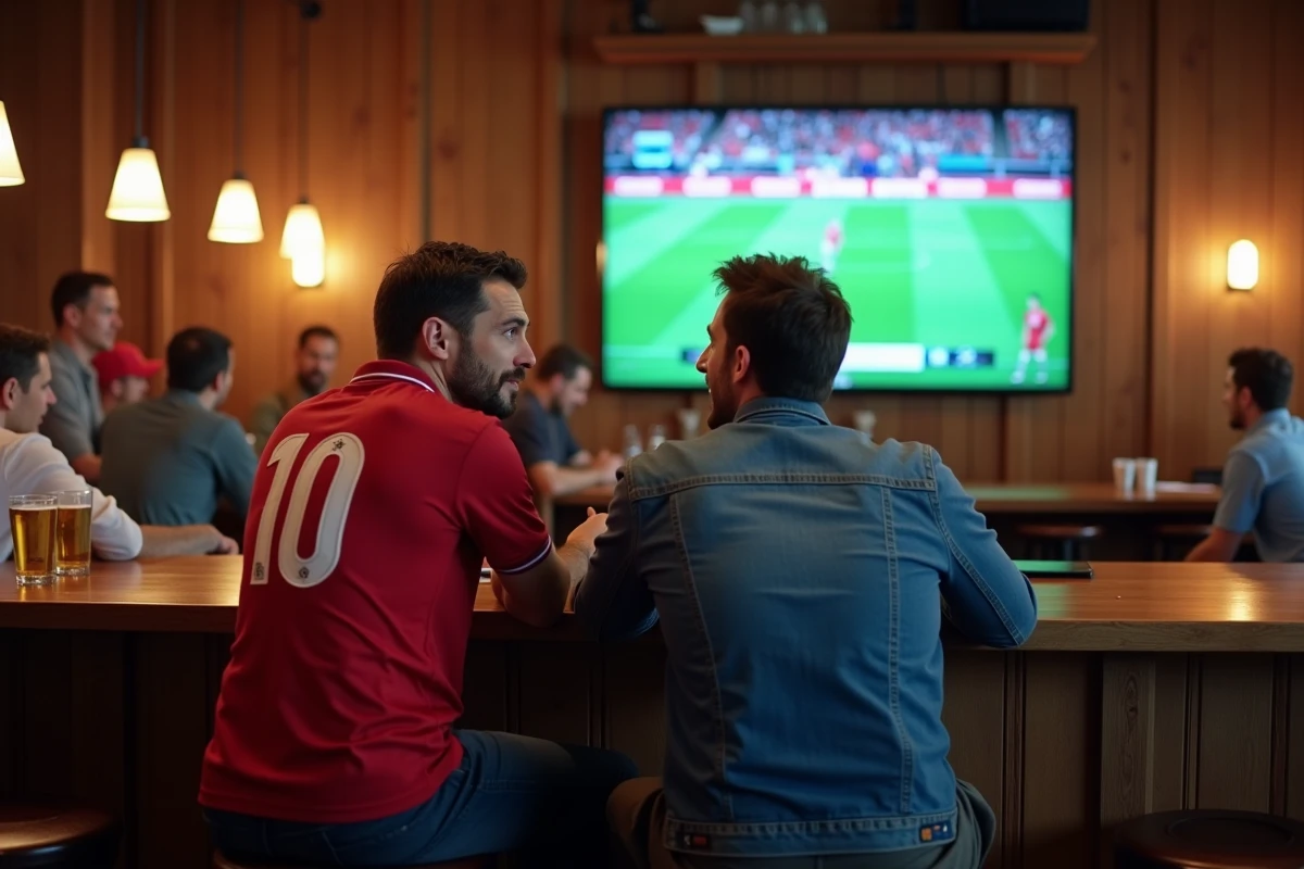 Deux amis regardant un match sportif en streaming dans un bar sur un écran plat
