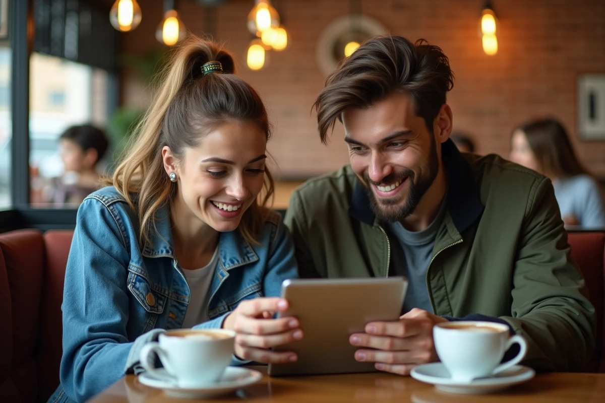 Deux amis partageant la lecture d'un webtoon sur tablette dans un café urbain, illustrant le phénomène social des webtoons populaires sur Manytoon en 2026