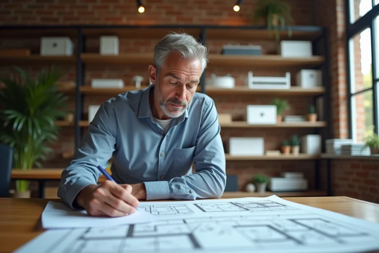 Architecte homme en travail reviewant des plans dans un bureau moderne
