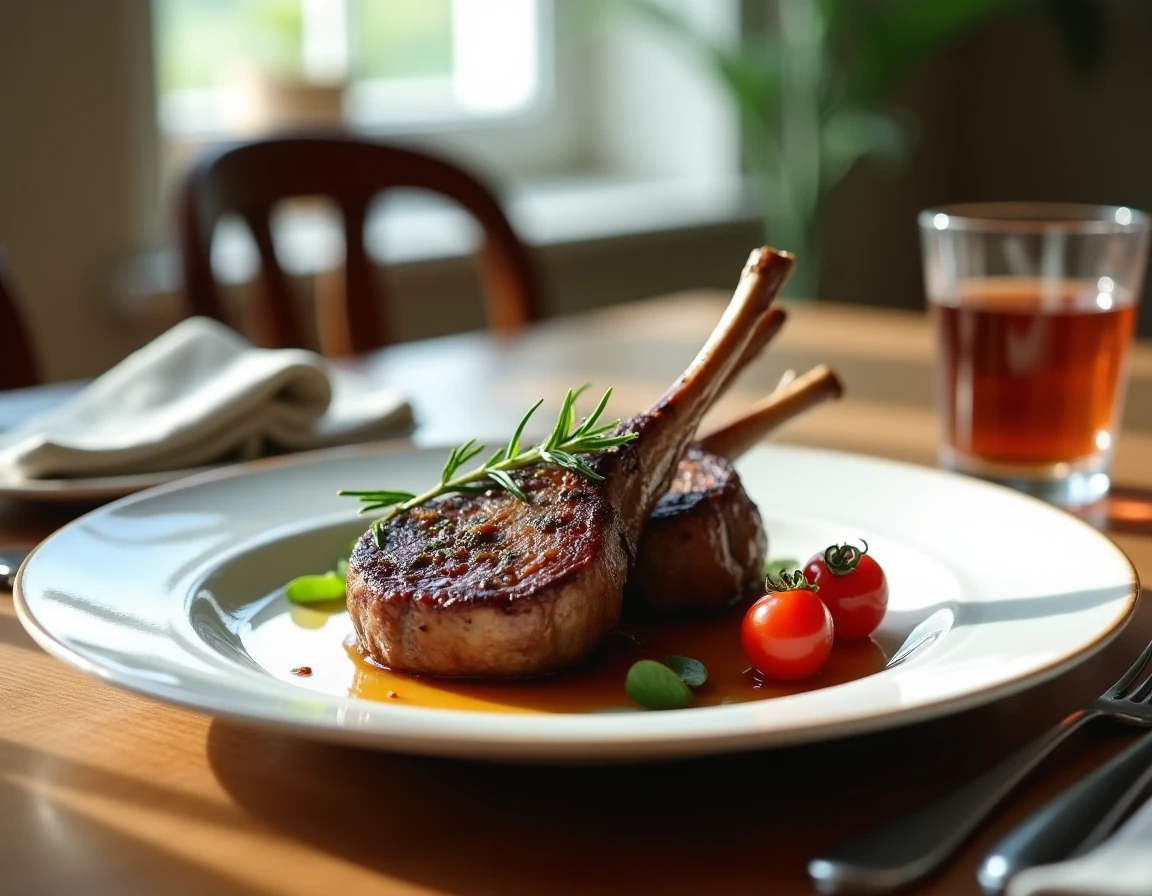 Assiette élégante de côtes d'agneau croustillantes avec tomates rôties et romarin sur table en chêne rustique
