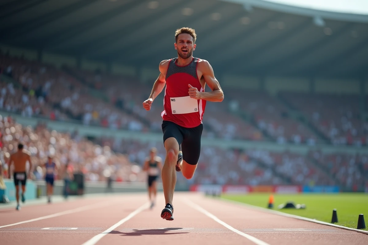Athlète franchissant la ligne d'arrivée du 100 mètres dans un grand stade d'athlétisme international
