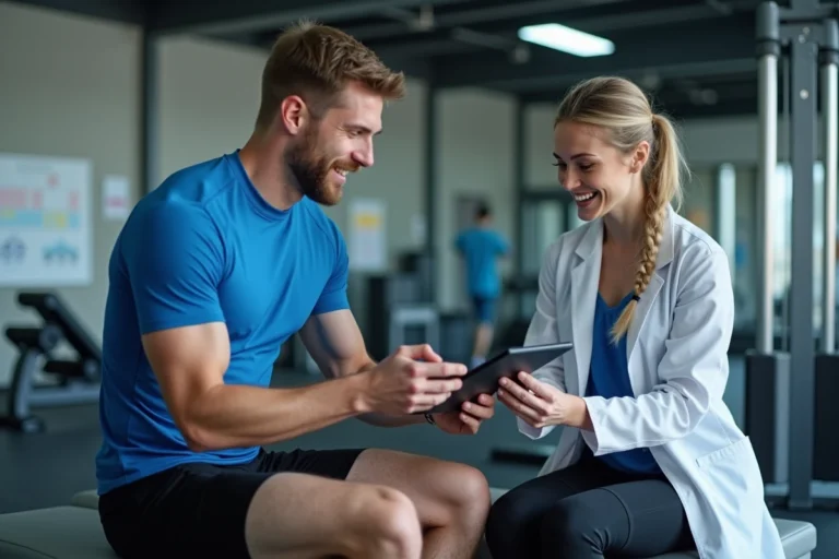 Athlète en entraînement avec scientifique dans un laboratoire sportif