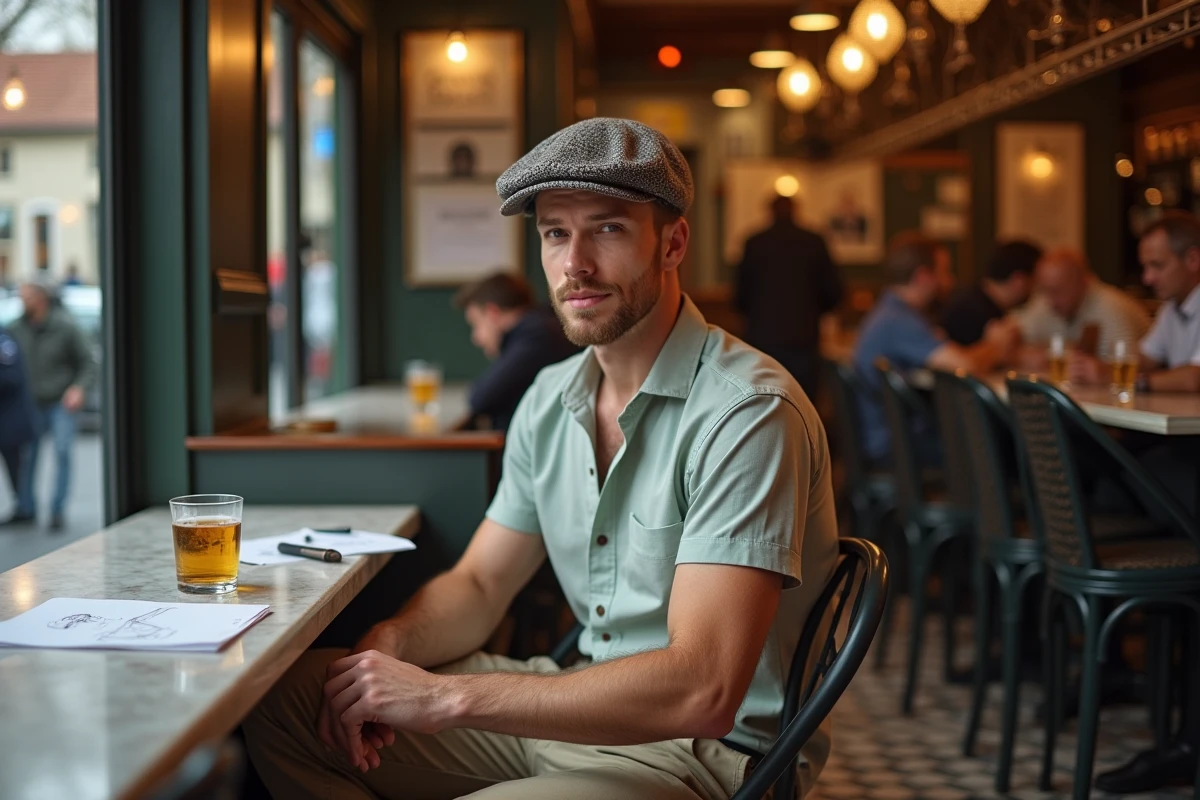 Homme arborant un bob Ricard édition limitée avec motif sérigraphié dans un café parisien, style personnalisé tendance 2026