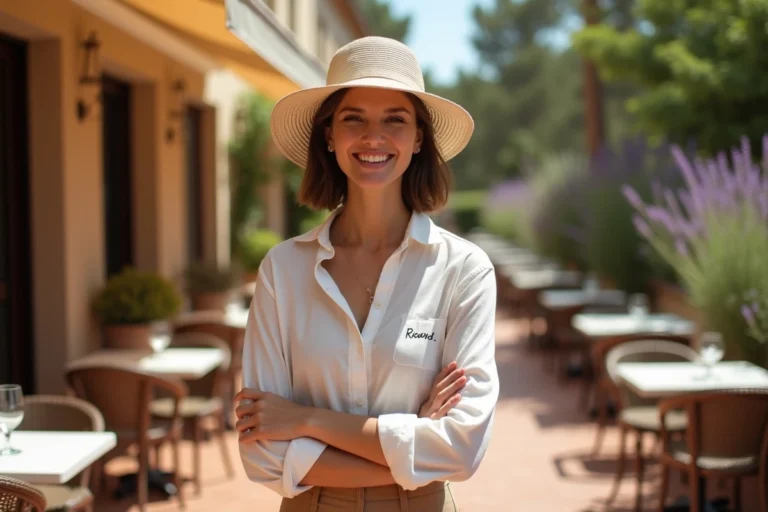 Jeune femme portant un bob Ricard personnalisé brodé sur une terrasse provençale ensoleillée, tendance mode été 2026