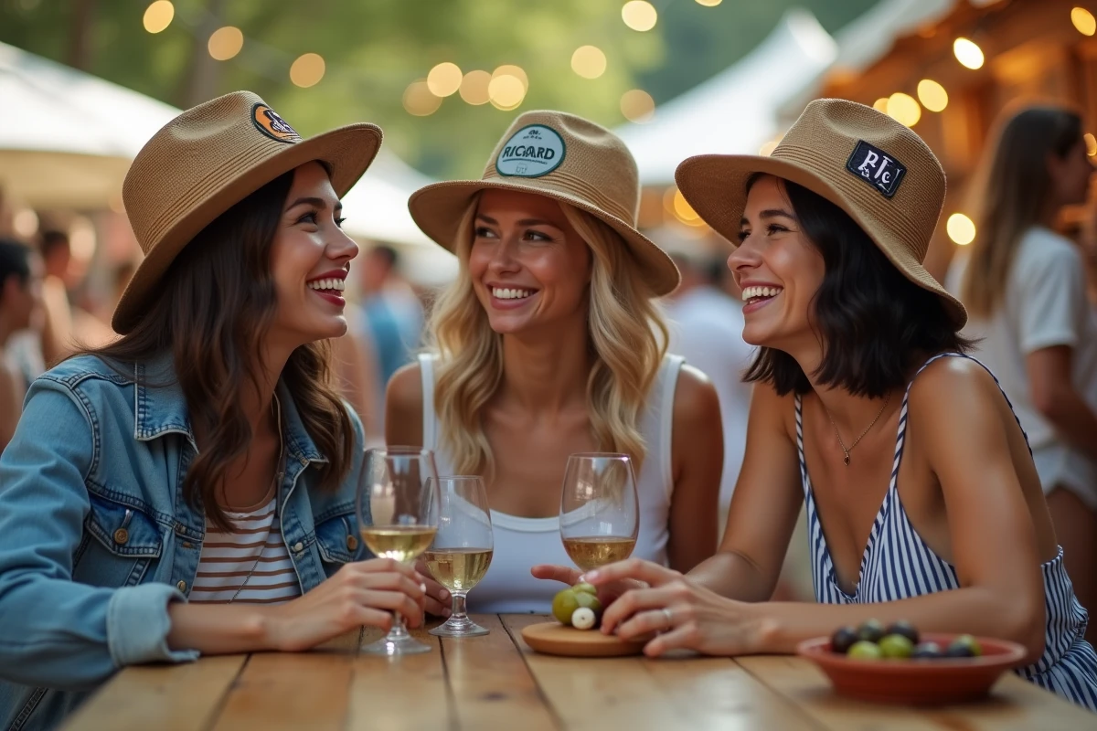 Groupe d'amis portant des bobs Ricard personnalisés variés lors d'un festival estival en France, tendances personnalisation 2026