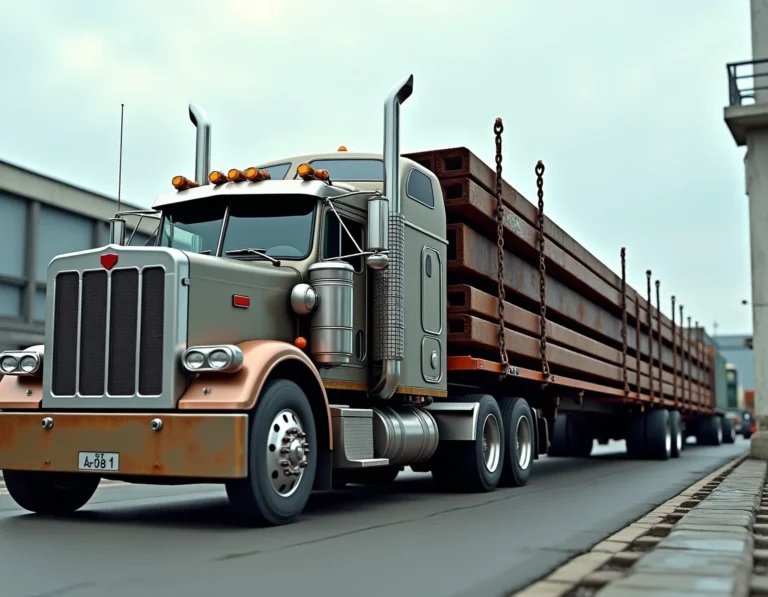 Camion plateau semi-remorque chargé de poutrelles en acier avec chaînes de sécurité dans un dépôt logistique