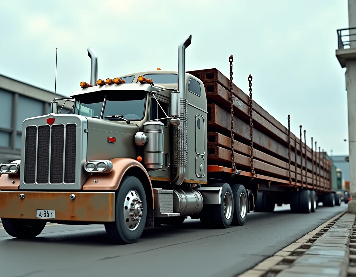 Camion plateau semi-remorque chargé de poutrelles en acier avec chaînes de sécurité dans un dépôt logistique