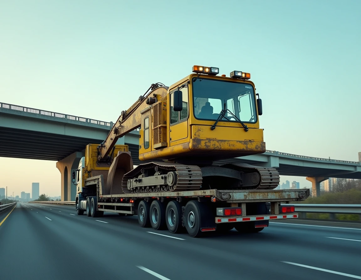 Camion plateau transportant une excavatrice de chantier sur une autoroute avec infrastructure urbaine en arrière-plan