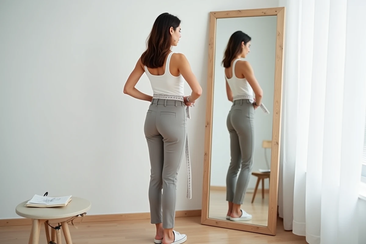 Femme mesurant sa morphologie devant un miroir pour mieux choisir ses coupes de vêtements