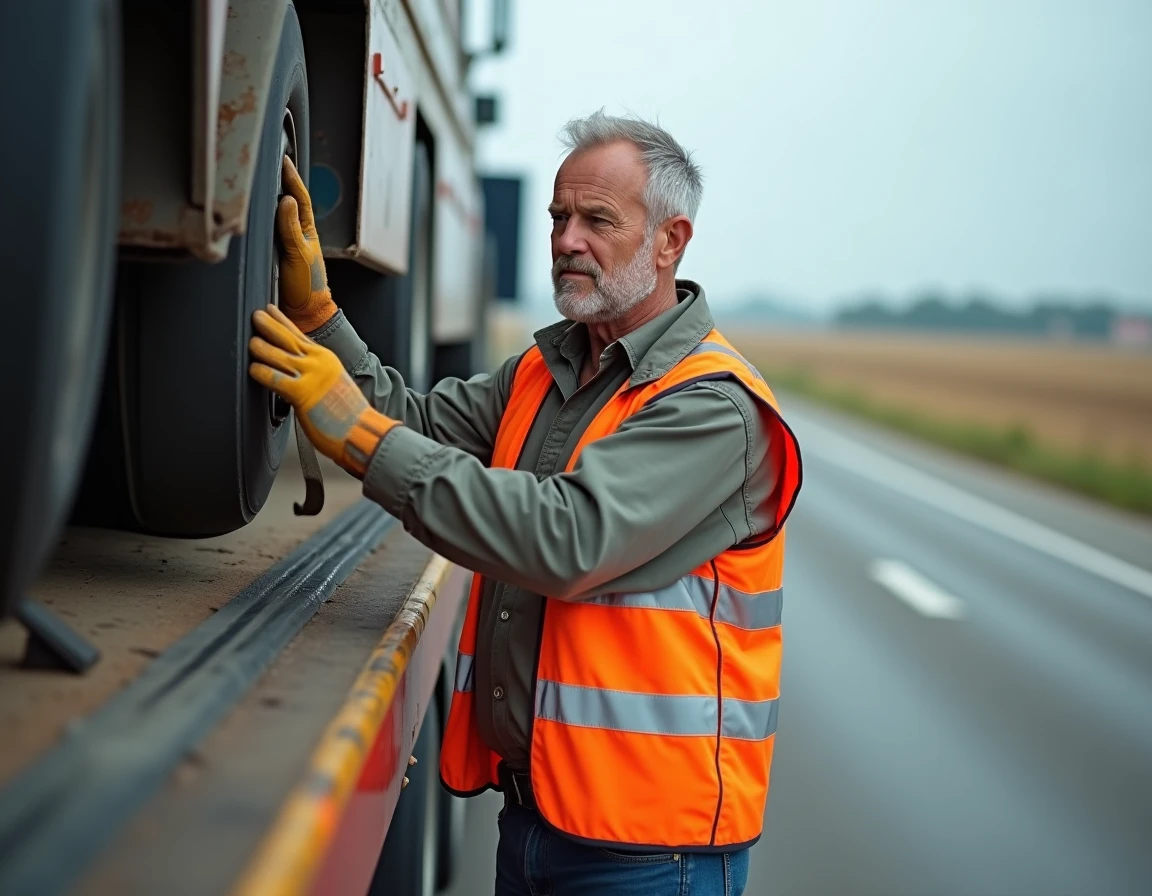 Chauffeur de camion plateau vérifiant les sangles d'arrimage d'une machine lourde sur une route rurale