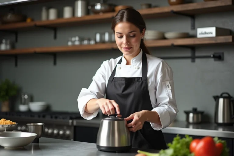Chef femme en cuisine professionnelle avec blender blanc