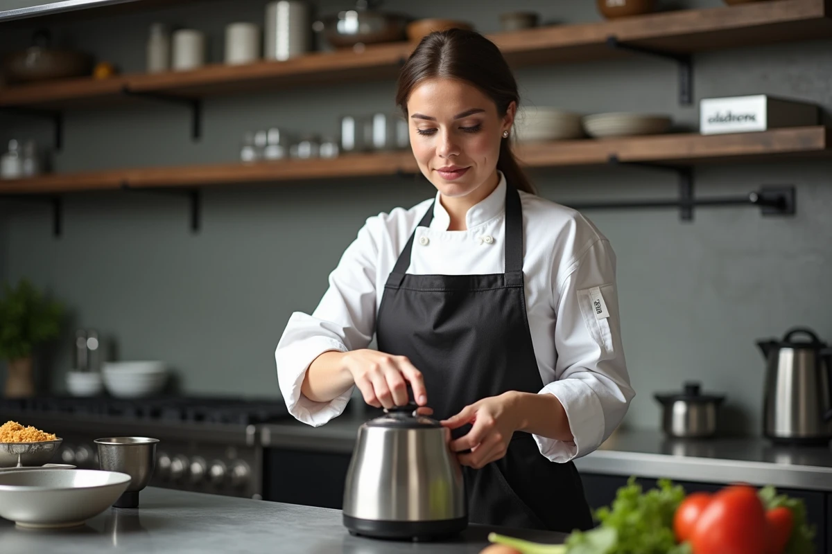 Chef femme en cuisine professionnelle avec blender blanc