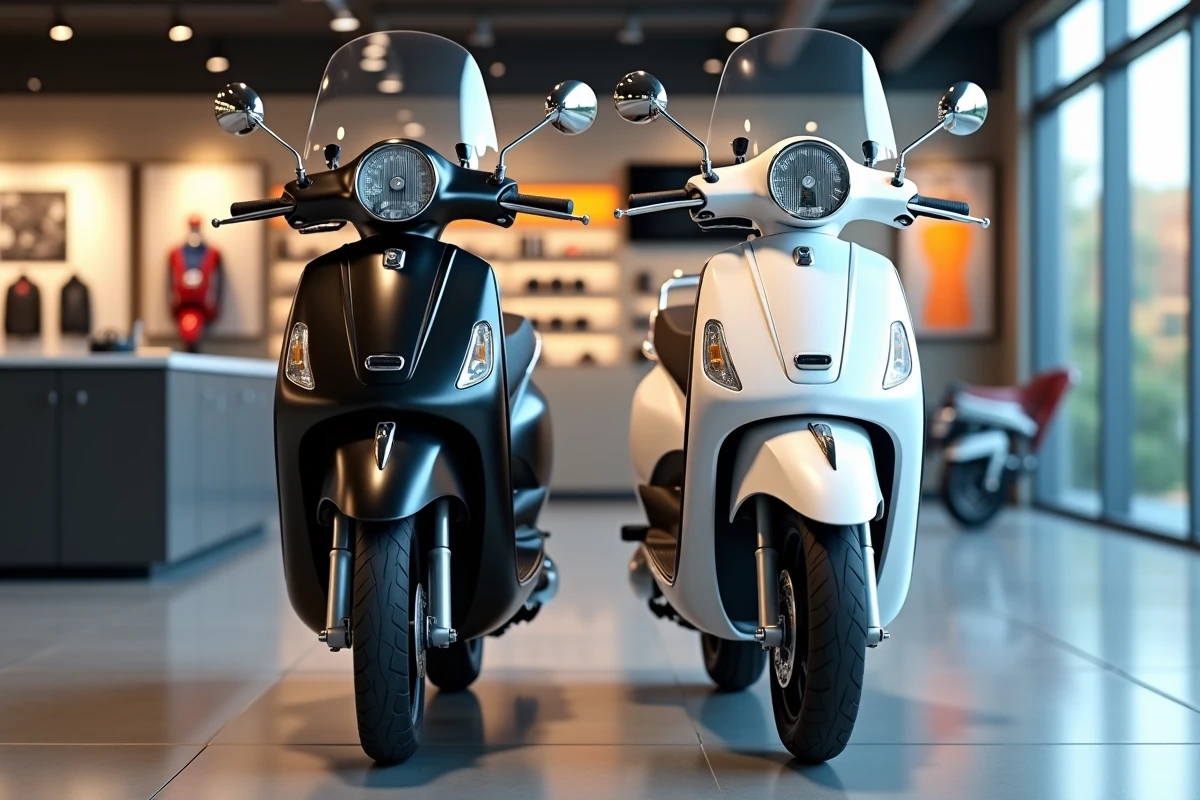Deux scooters 400 cm3 exposés côte à côte dans une concession moto moderne pour comparaison