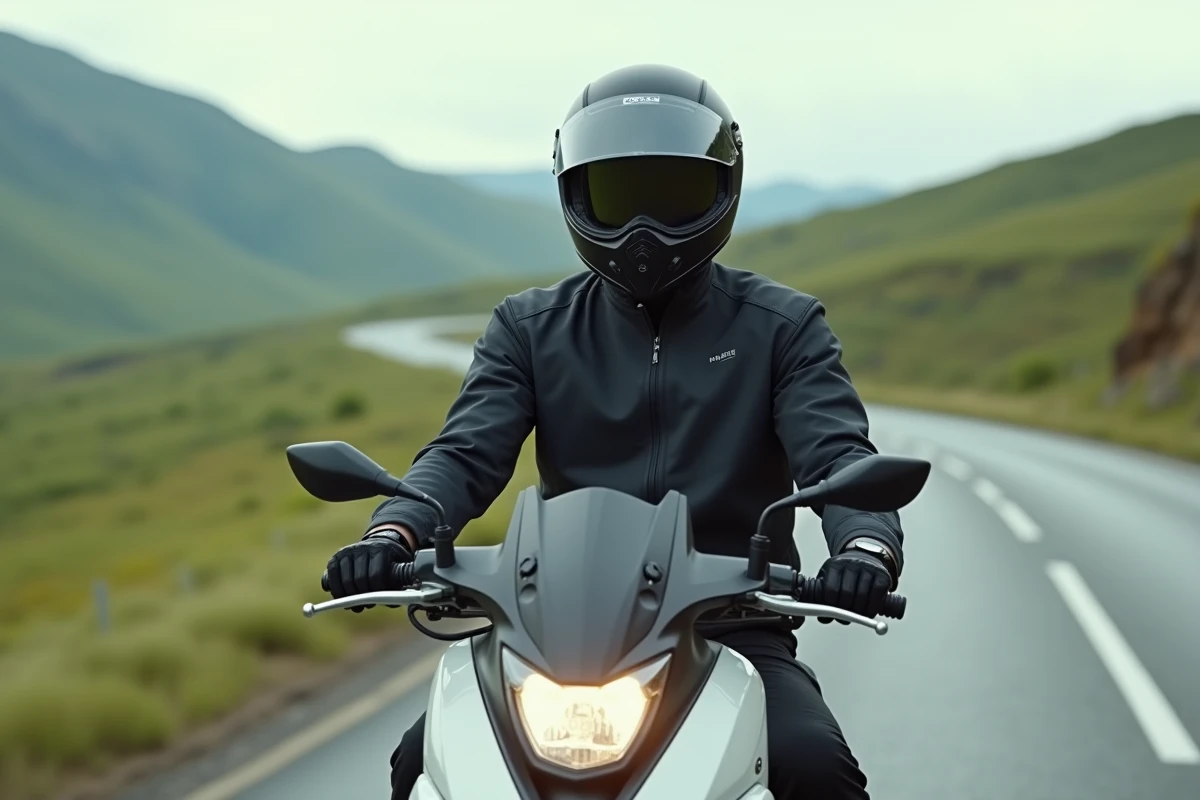 Motard équipé conduisant un scooter 400 cm3 sur une route de campagne sinueuse