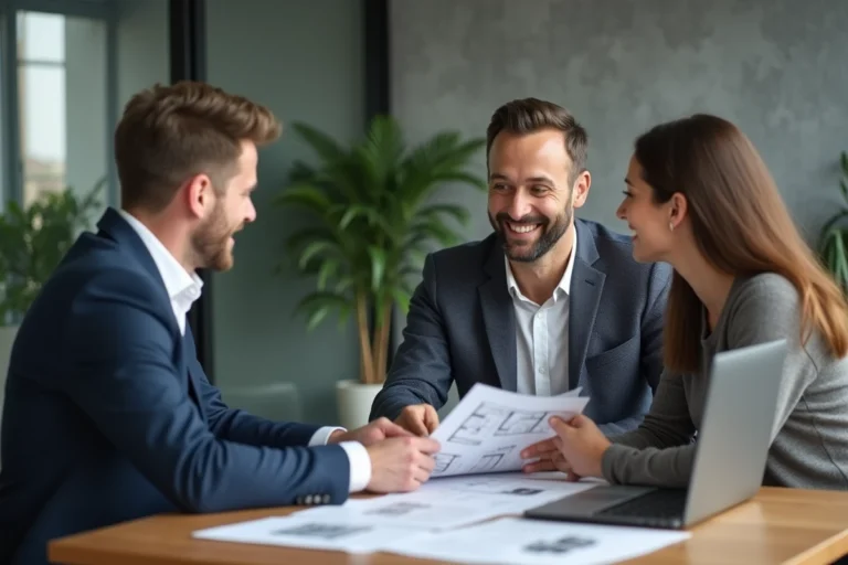 Conseiller immobilier professionnel présentant un dossier d'investissement à un couple dans une agence immobilière moderne