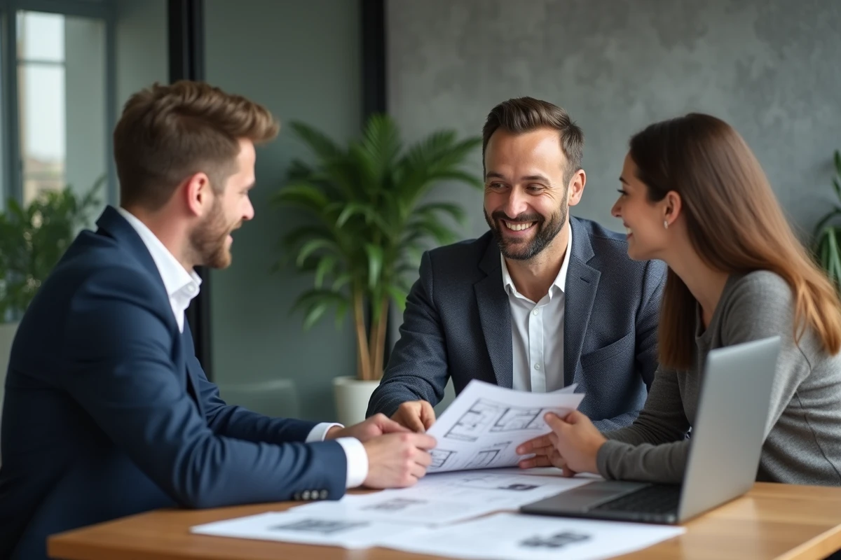 Conseiller immobilier professionnel présentant un dossier d'investissement à un couple dans une agence immobilière moderne