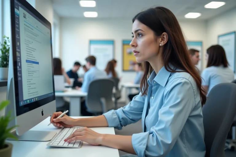 Une conseillère France Travail saisit des critères de recherche d'emploi sur un ordinateur dans une agence Pôle emploi en 2026