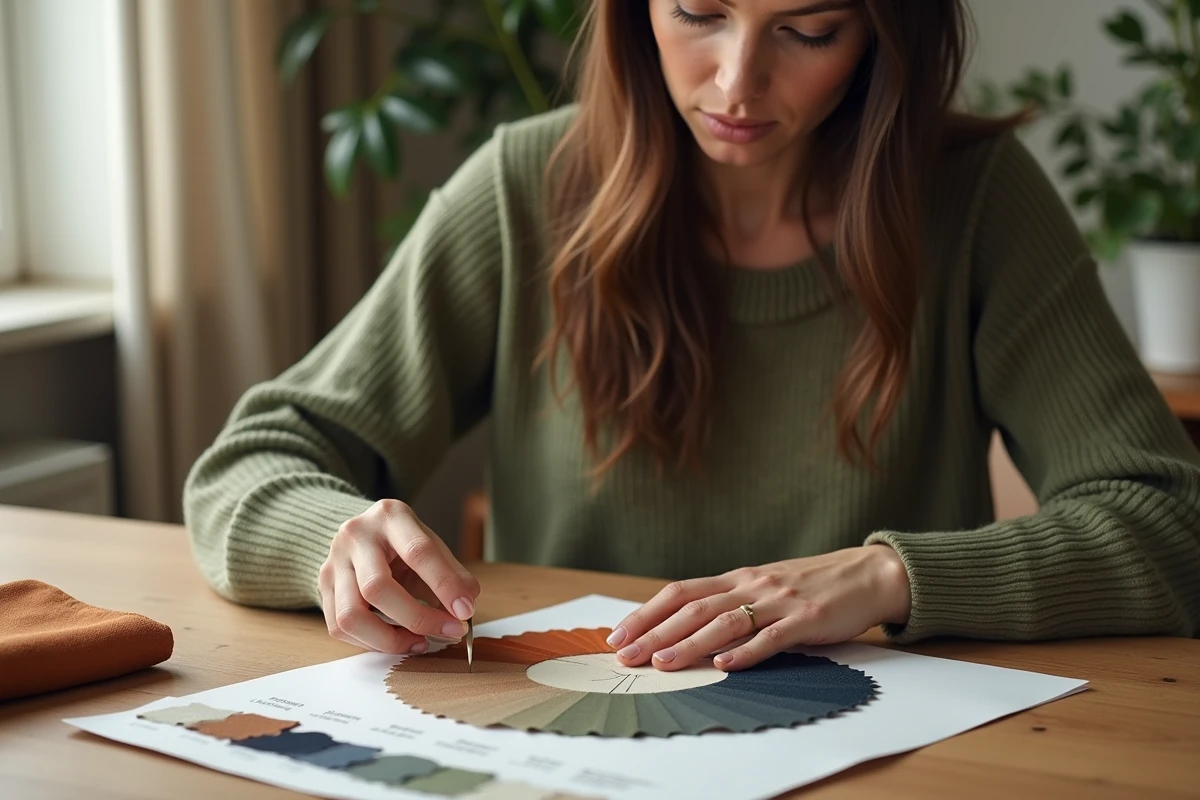 Femme composant une palette de couleurs restreinte et cohérente avec des échantillons de tissu