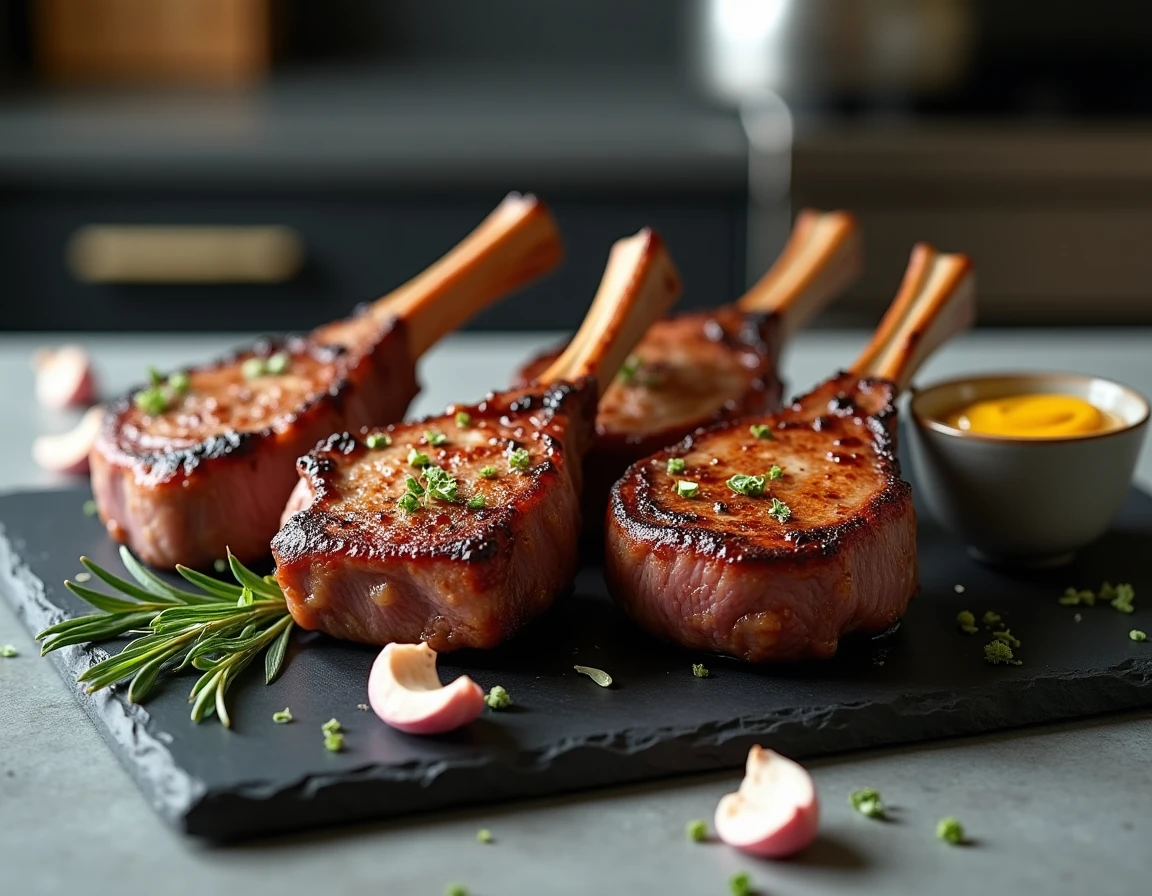 Côtes d'agneau dorées aux herbes présentées sur une ardoise avec moutarde et ail, cuisson croustillante au Cookeo Extra Crisp