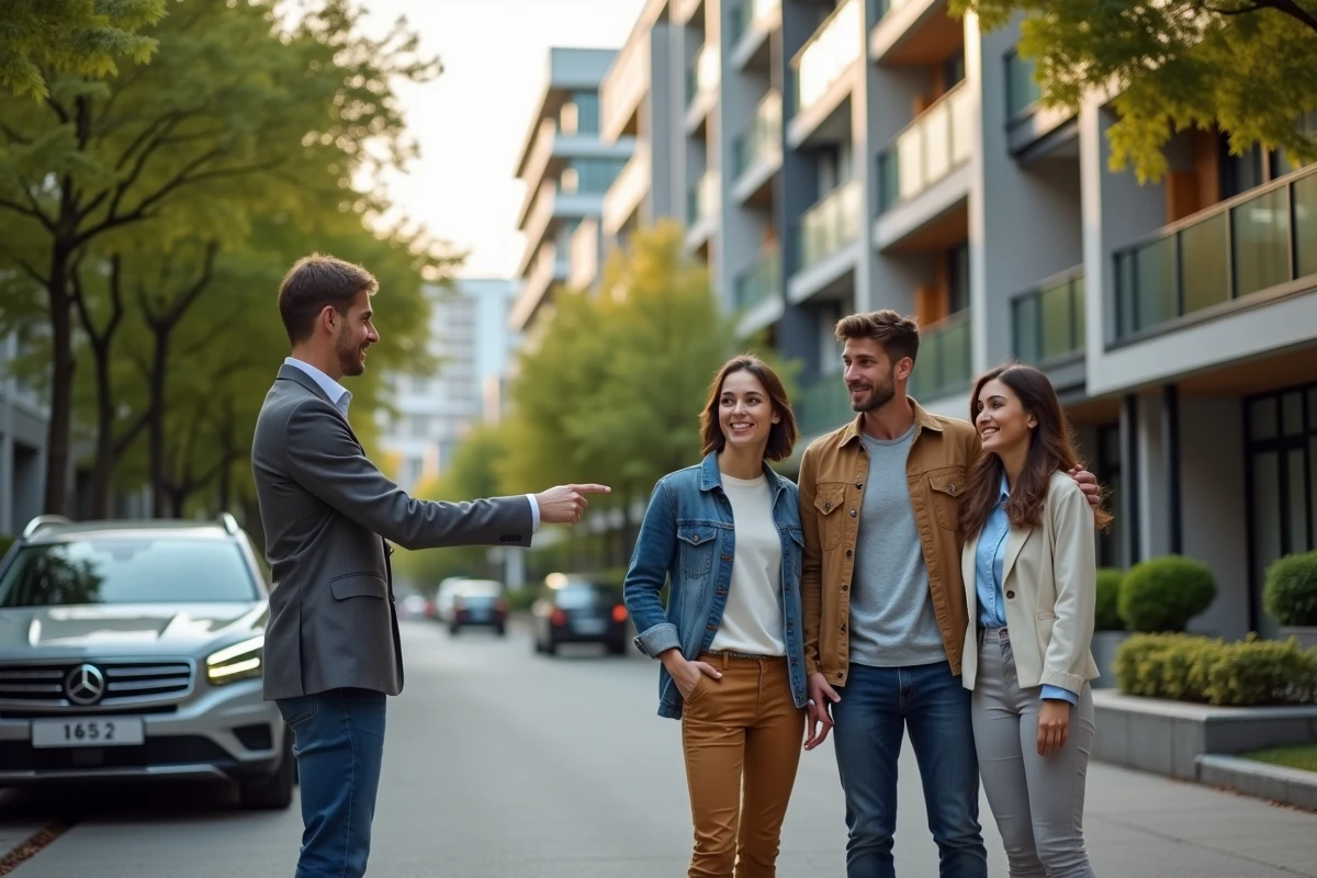 Jeune couple discutant avec un agent immobilier en extérieur