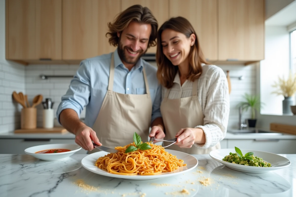 Couple dressant une assiette de pâtes maison sur un comptoir en marbre dans une cuisine scandinave moderne