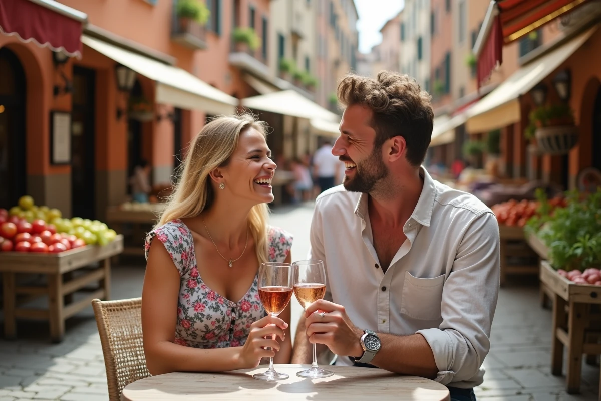 Couple de voyageurs explorant un marché de rue européen animé lors d'un voyage libertin