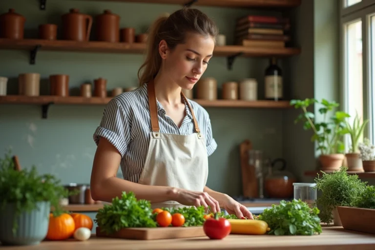 Femme cuisinant avec des herbes fraîches et légumes colorés sur une planche en bois dans une cuisine rustique