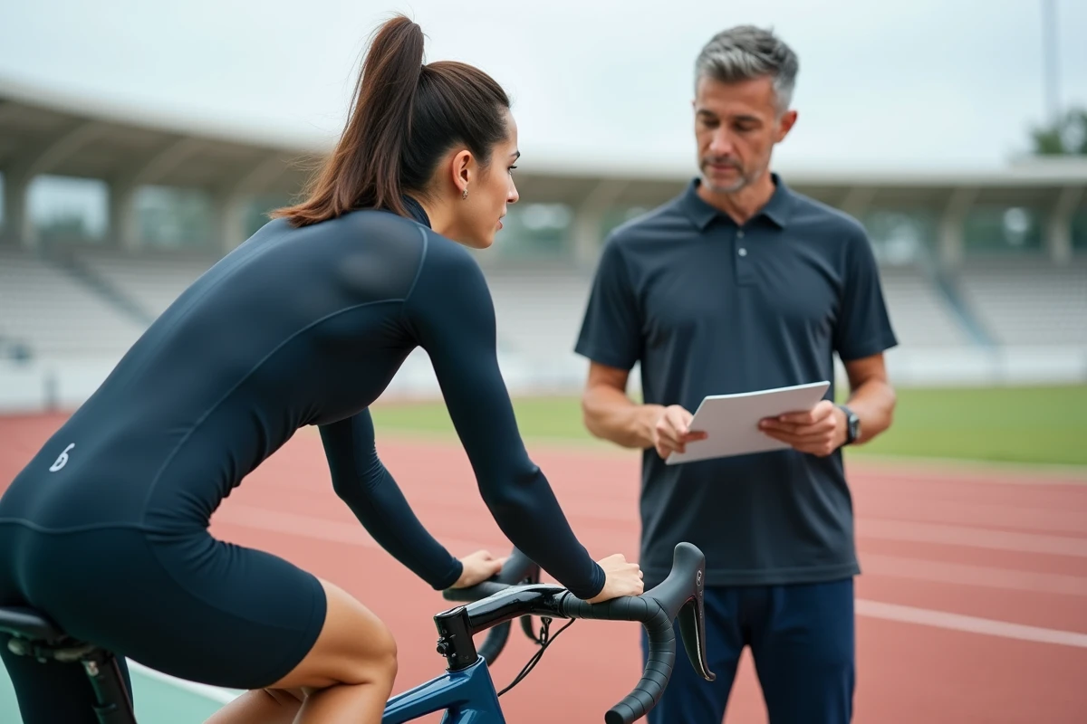 Jeune cycliste en course avec entraîneur en extérieur
