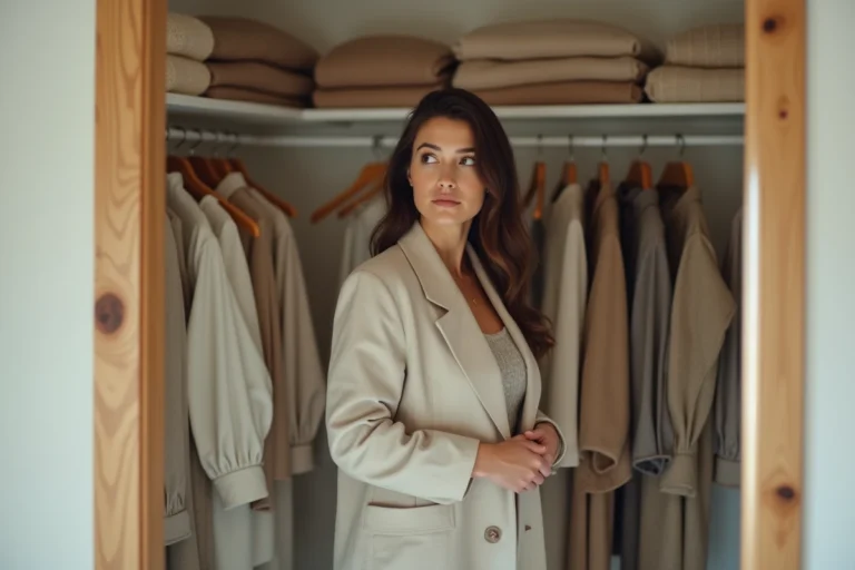 Femme devant son dressing en train de choisir des vêtements qui lui correspondent vraiment