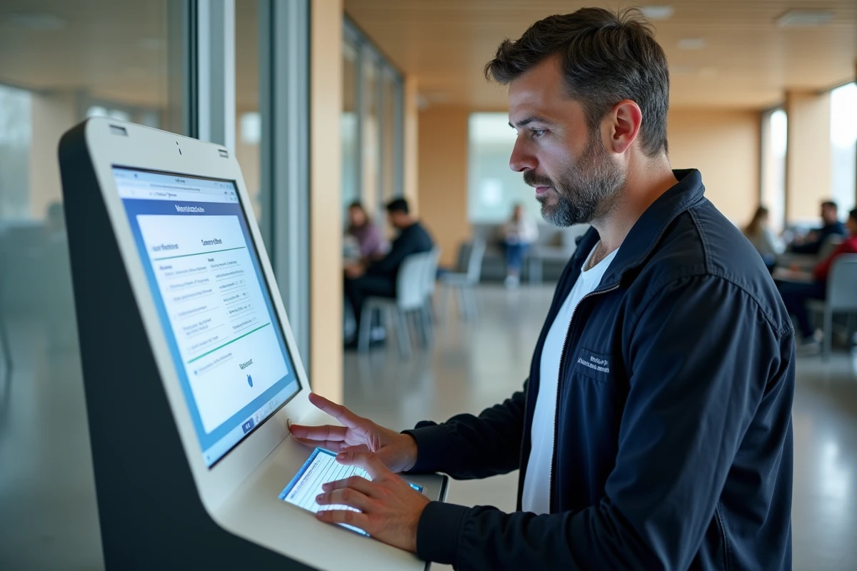 Un demandeur d'emploi utilise une borne numérique en libre-service dans une agence France Travail pour mettre à jour ses critères de recherche