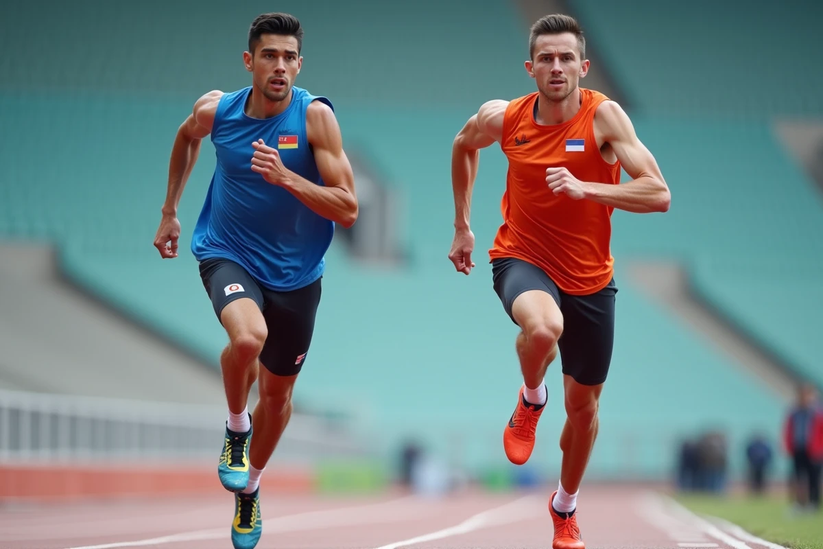 Deux sprinteurs en plein effort lors d'une course du 100 mètres sous un angle large de stade