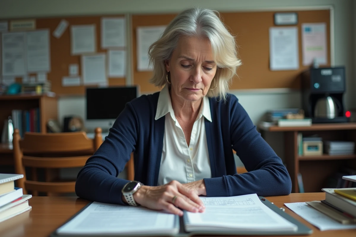 Enseignante de 50 ans consultant un document de retraite à son bureau surchargé dans la salle des professeurs