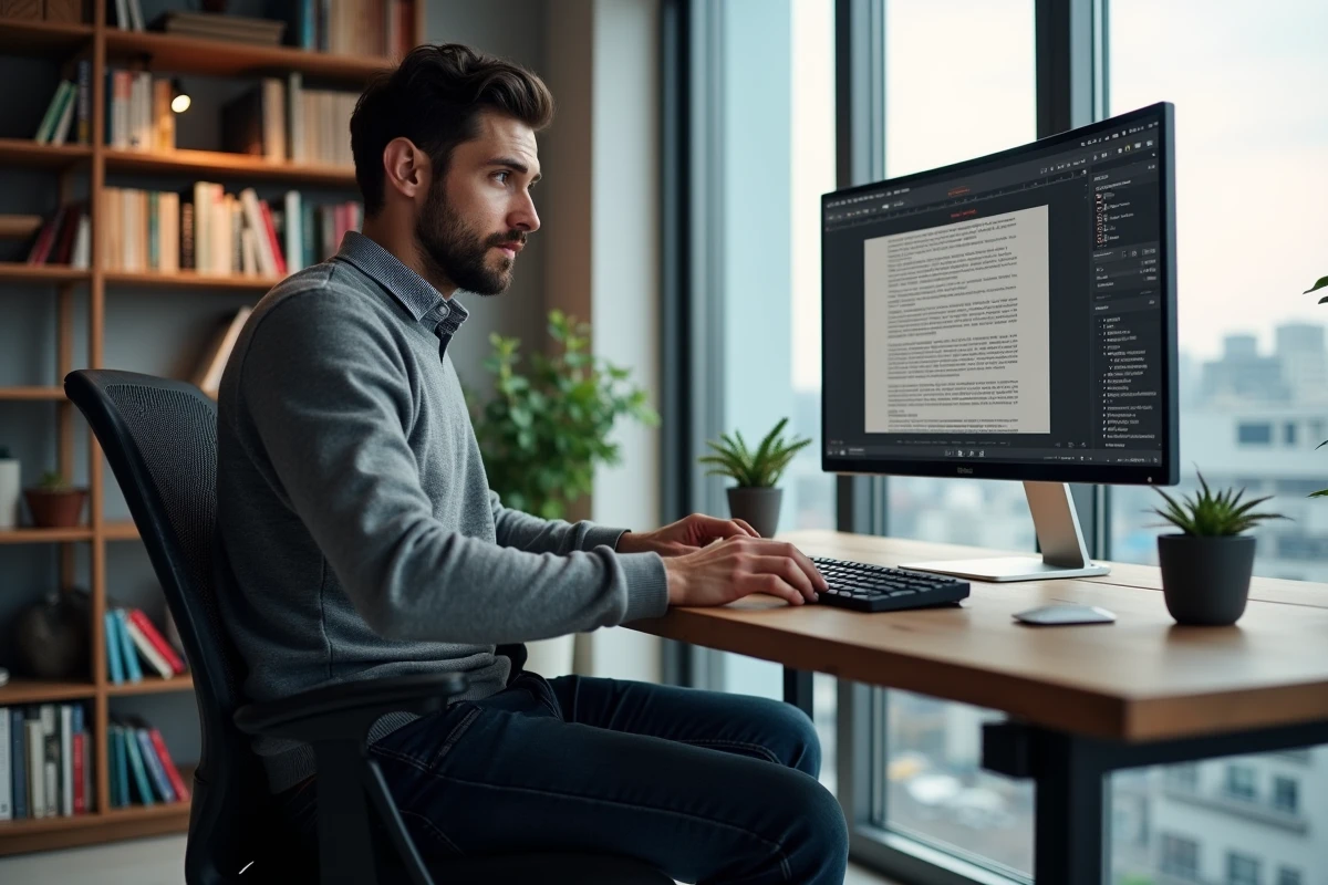 Entrepreneur rédigeant un article de blog professionnel depuis son bureau à domicile