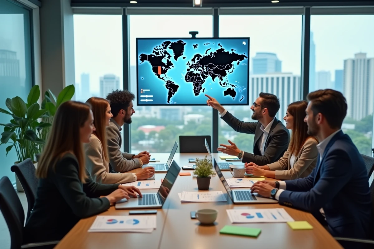 Équipe de professionnels analysant les dernières actualités et tendances mondiales autour d'une table de conférence avec écrans et rapports