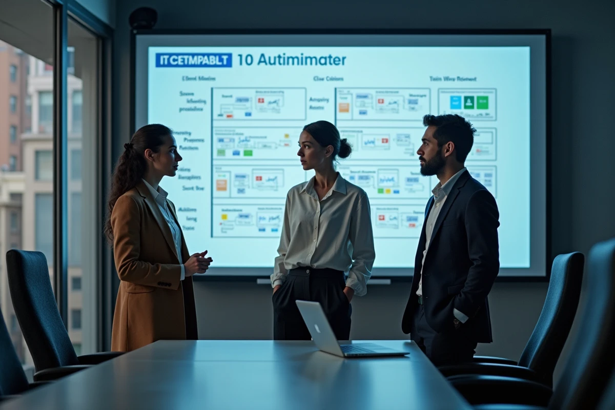 Equipe d experts IT collabore autour d un tableau digital
