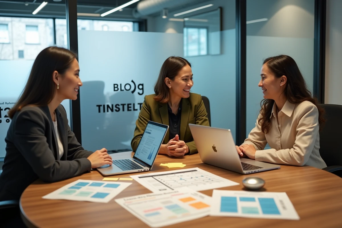 Équipe professionnelle élaborant une stratégie de contenu pour un blog d'entreprise en salle de réunion