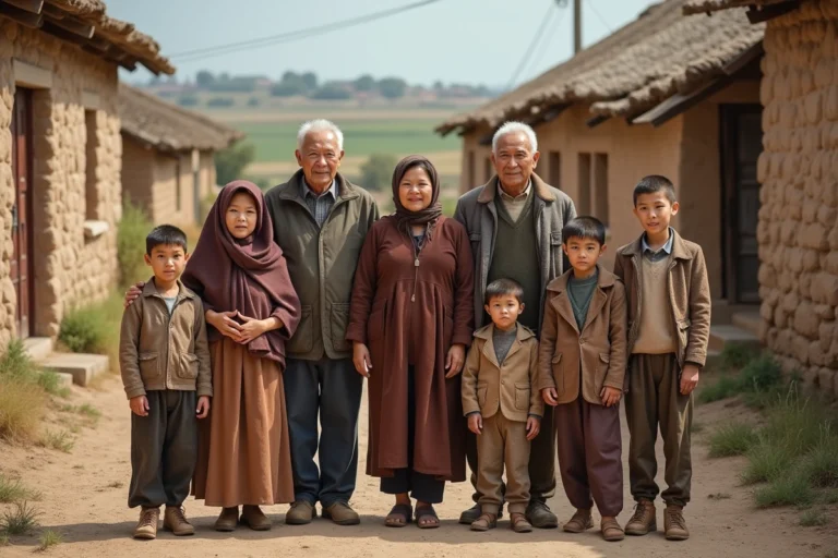 Famille multigeneration dans un village rural