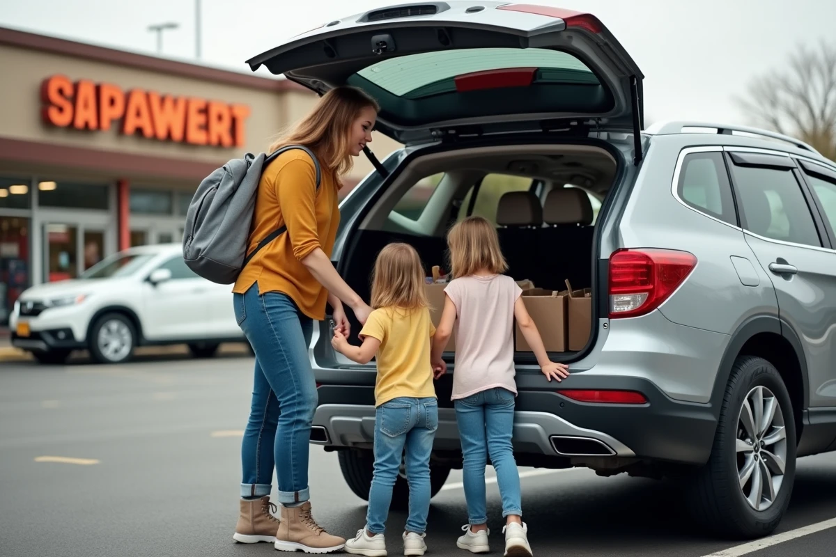 Famille avec SUV dans un parking de supermarché