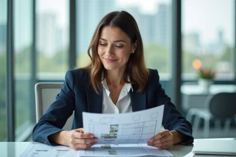 Femme d'affaires examinant des plans immobiliers dans un bureau lumineux