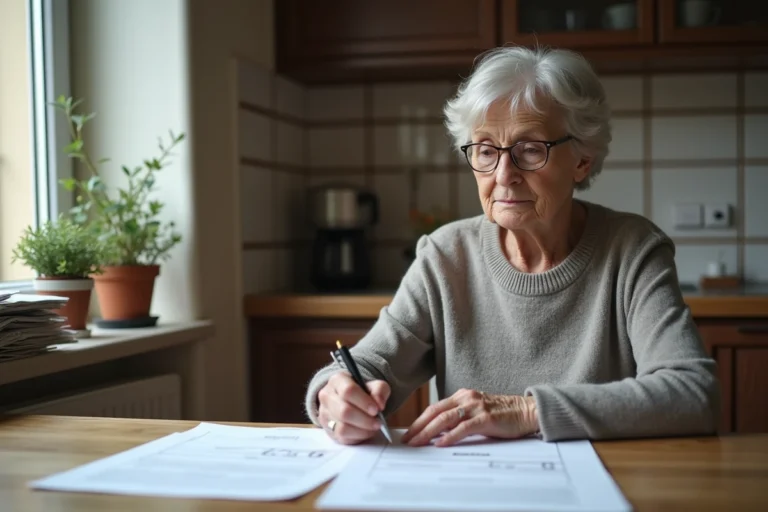 Femme agee lisant documents fiscaux dans la cuisine