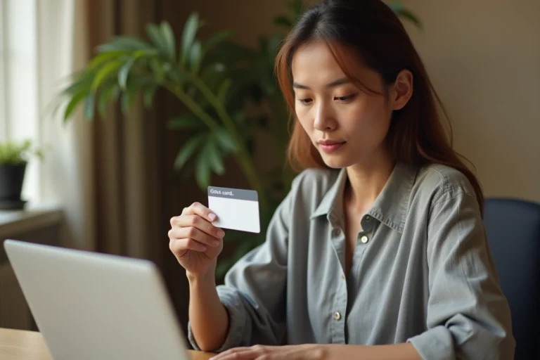 Femme utilisant une carte cadeau Illicado devant un ordinateur portable pour un achat en ligne sur Leroy Merlin