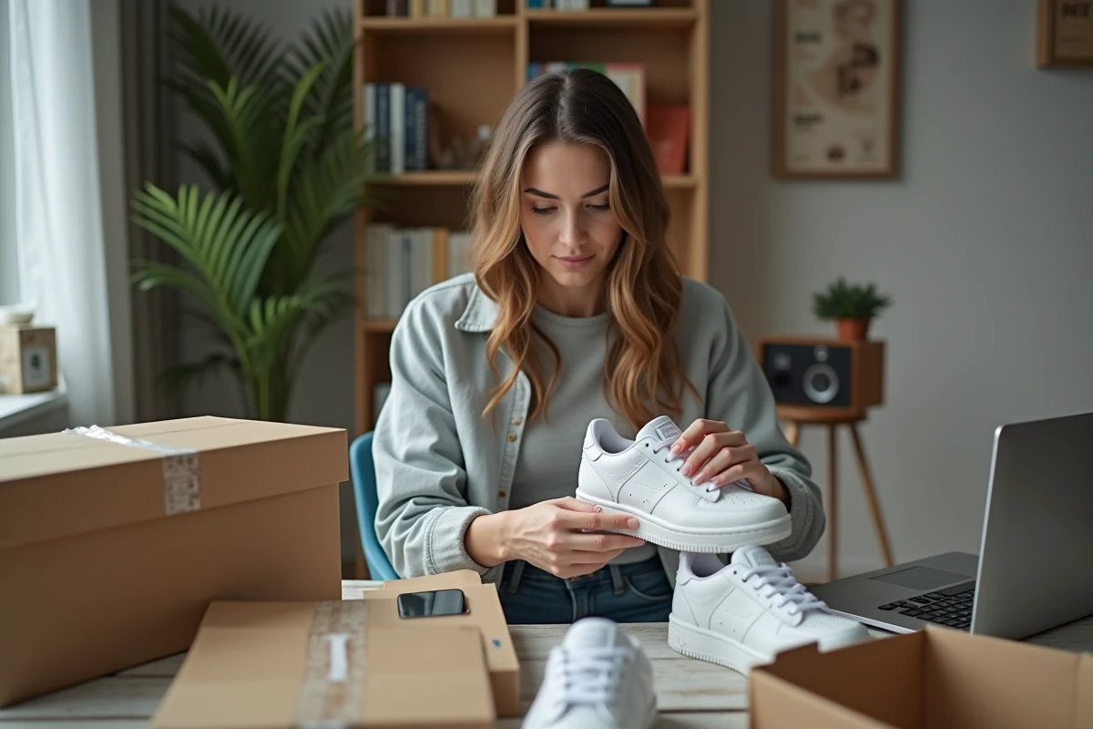 Femme examine une sneaker à la maison avec un regard concentré