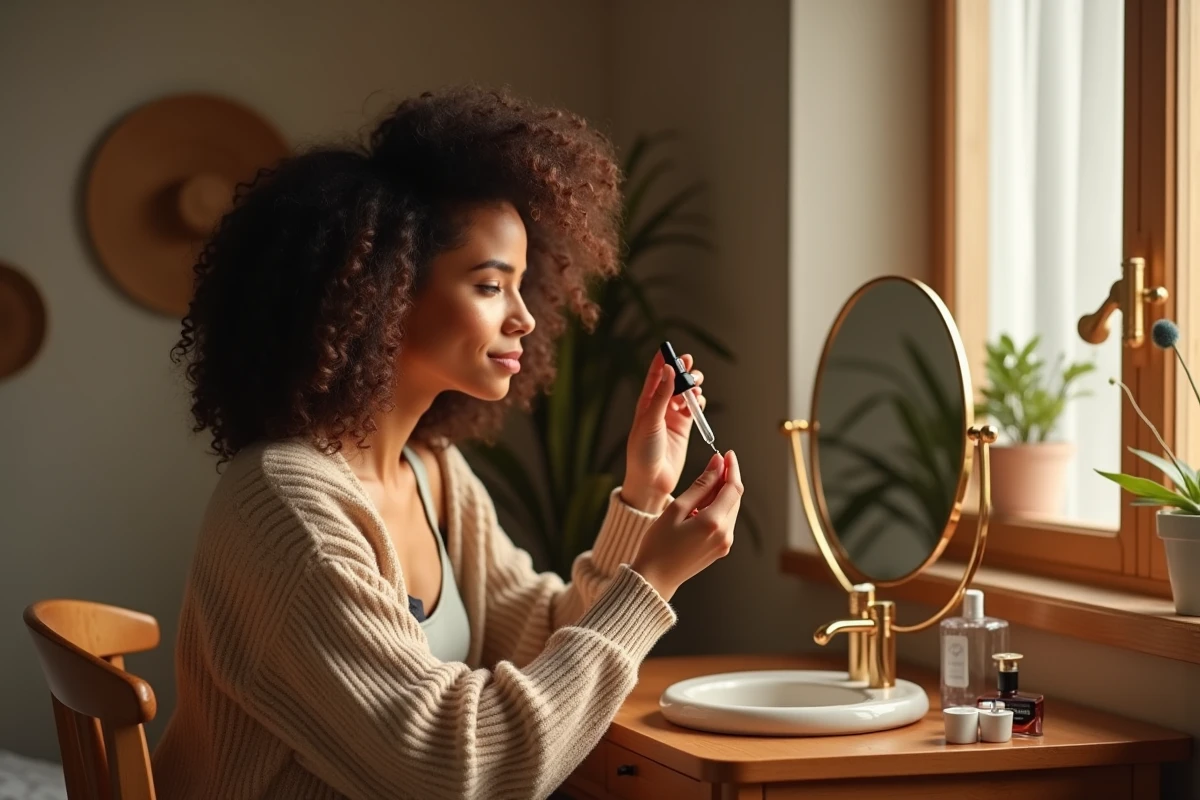 Jeune femme aux cheveux bouclés appliquant un sérum capillaire Level Up Carli devant sa coiffeuse dans une chambre chaleureuse, routine beauté naturelle