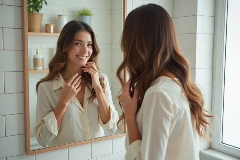 Femme aux cheveux longs et brillants se passant les doigts dans les cheveux devant un miroir de salle de bain moderne, illustrant les résultats du produit Level Up Carli
