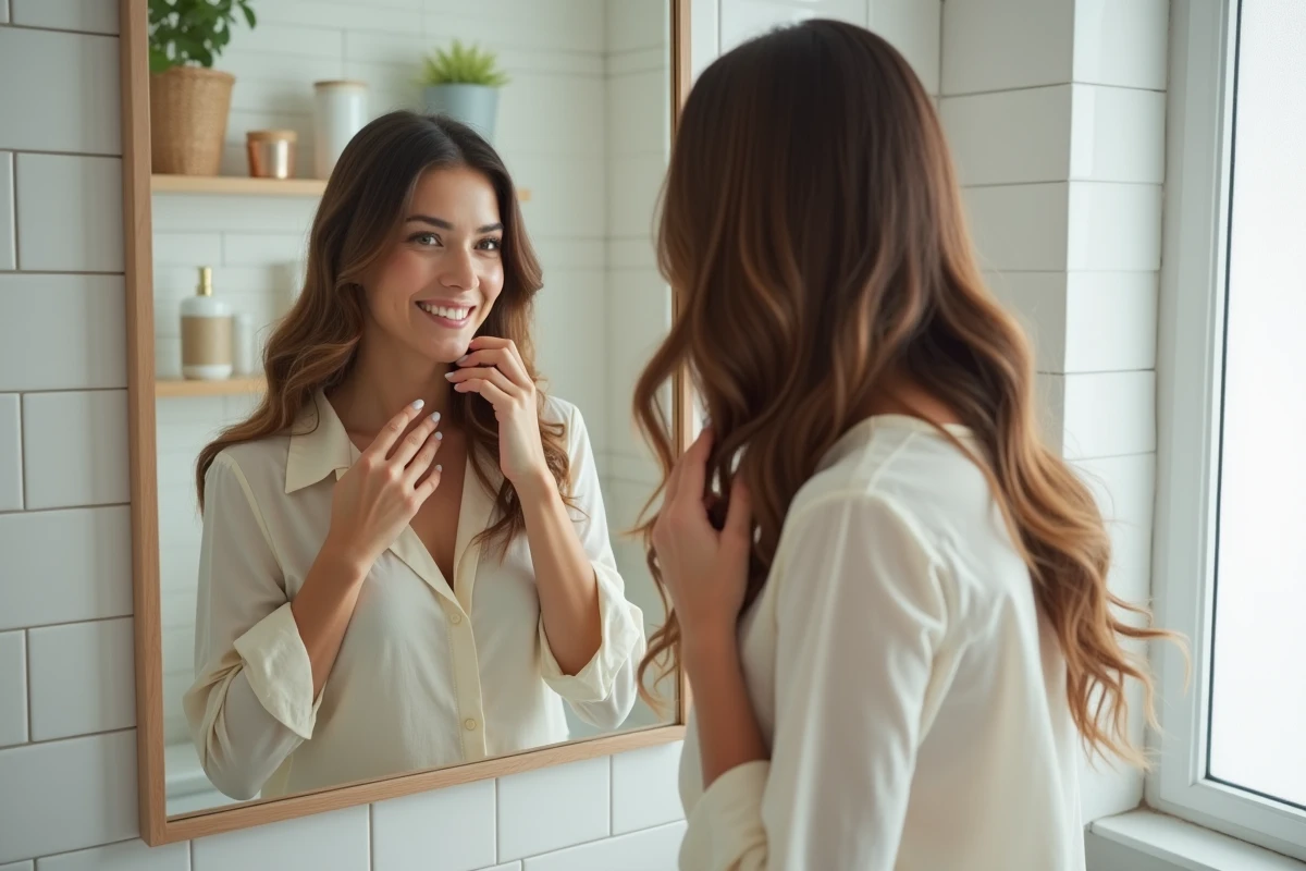 Femme aux cheveux longs et brillants se passant les doigts dans les cheveux devant un miroir de salle de bain moderne, illustrant les résultats du produit Level Up Carli