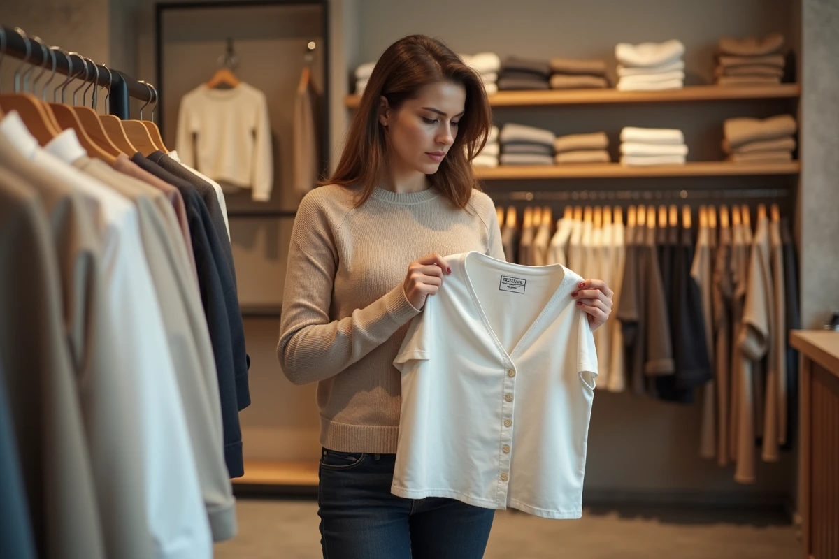 Femme consultant l'étiquette de taille d'un chemisier dans une boutique de vêtements, cherchant la correspondance entre les tailles S M L XL