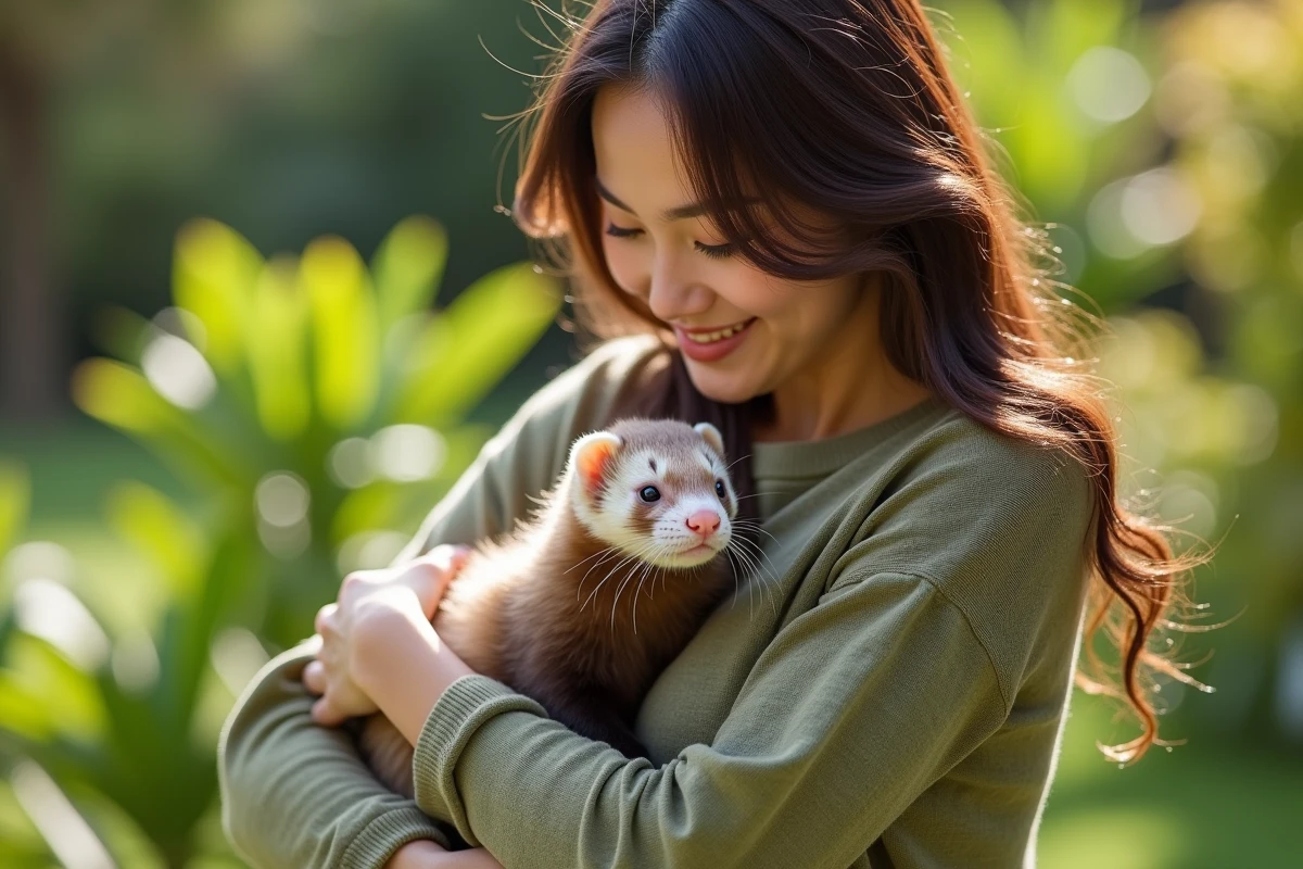 Jeune femme tenant affectueusement un furet domestique crème et sable dans un jardin verdoyant ensoleillé