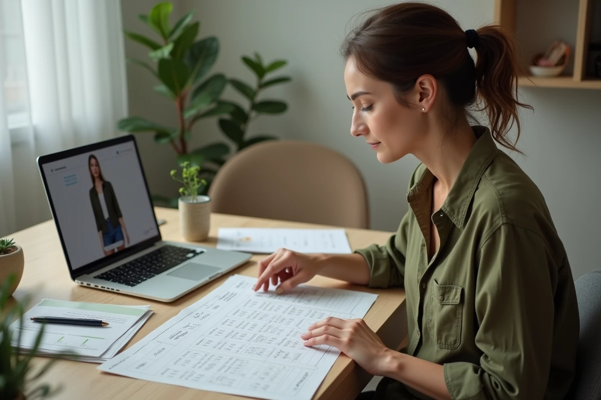 Femme comparant un guide des tailles femme S M L XL sur papier et en ligne depuis son bureau à domicile
