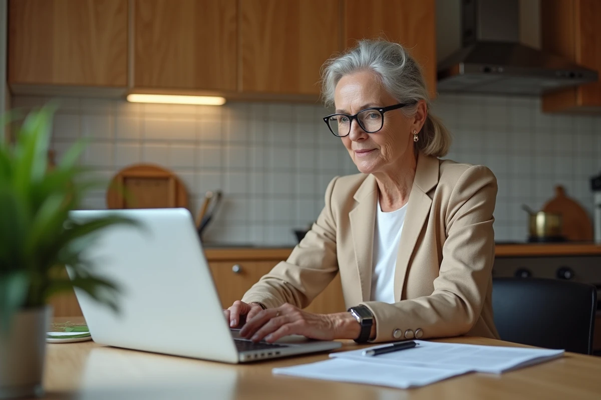 Une femme en reconversion professionnelle met à jour ses critères d'inscription sur le portail France Travail depuis son domicile
