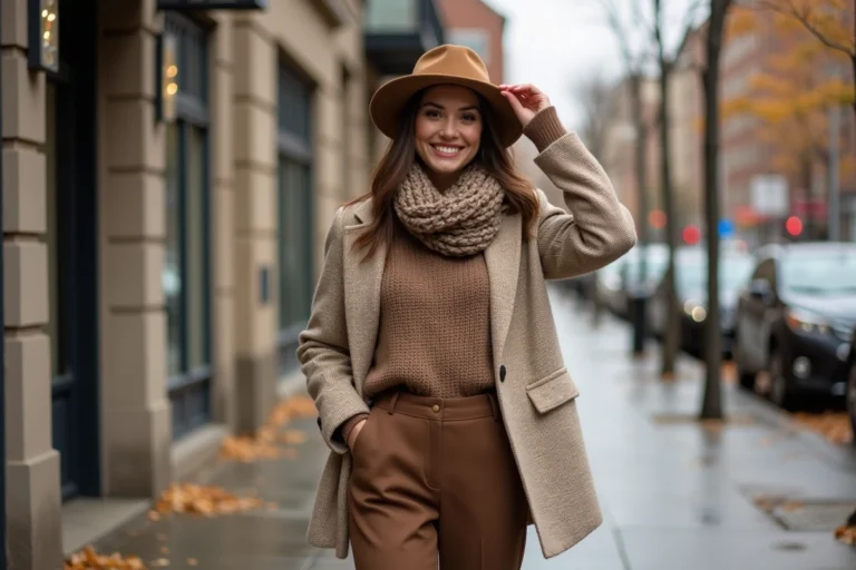Femme élégante en automne ajustant son chapeau dans la ville